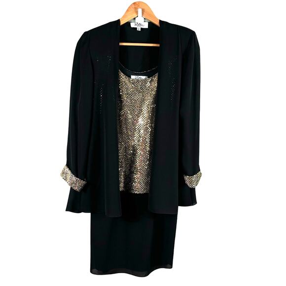 Vintage Patra 2-Piece Evening Dress Sz 6 Petite Black Gold Metallic Holiday USA - Picture 1 of 9